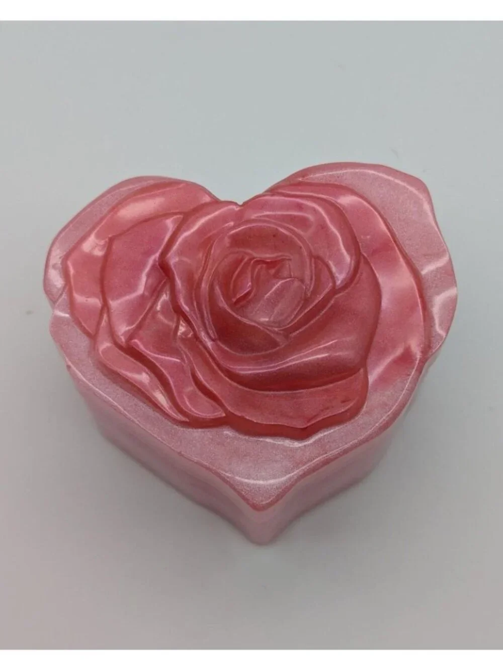 Heart-Shaped Pink Resin Jewelry Box With Rose Design Lid Handmade 3.5